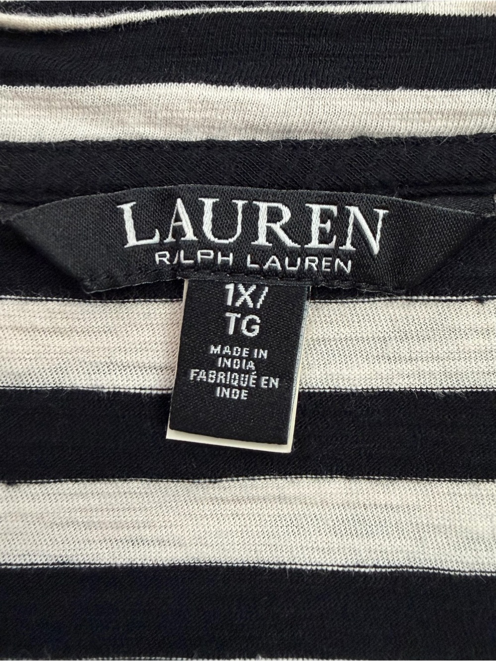 Lauren Ralph Lauren Cream Black Striped Cotton Jersey Puff-Sleeves Tee, Size 1X - Picture 10 of 13